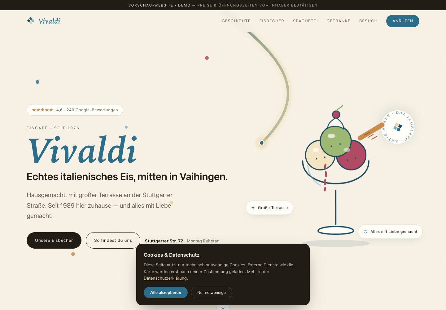 Startseite der Website für Vivaldi Vaihingen — italienisches Eiscafé in warmem Design
